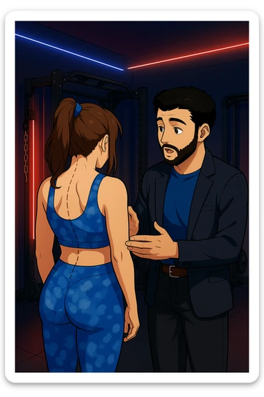 ispirati a questo stile di disegno e fai questa immagine in versione manga/webtoon a colori, il manga mostra la donna di spalle, mentre l'uomo le tocca la spina dorsale per spiegarle come funziona la scoliosi:
Con una scoliosi il baricentro corporeo cade maggiormente da un lato; per non cadere la schiena compensa accumulando tensione sul fianco opposto.
Il risultato? Si inclina e ruota sempre più, fino a che non cede (discopatie, artrosi, ecc) sticker