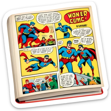 Icon for Vintage American Comics: an open comic magazine with classic 1940s-1950s American comic art, featuring superheroes in bold, bright colors, with action panels and exaggerated speech bubbles. The icon should represent the nostalgic style of vintage comics. Transparent background. sticker