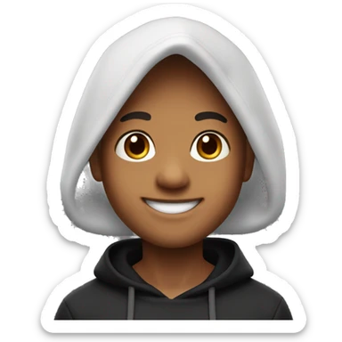 A 3D Memoji of a boy with a friendly expression, wearing a black hoodie and waving while saying "hi". The Memoji should have vibrant and expressive facial features with realistic fare skin, long hair sticker