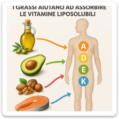 realistic infographic showing healthy fats like olive oil, avocado, nuts, salmon facilitating absorption of fat-soluble vitamins A, D, E, K in the human body; colorful arrows connecting foods to body; educational style with clear modern light background; caption in Italian: 'I grassi aiutano ad assorbire le vitamine liposolubili' sticker