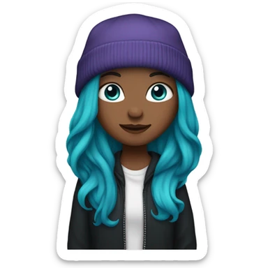 White girl, blue eyes, long teal hair, purple beanie hat, black hoodie, blue jeans, black shoes sticker