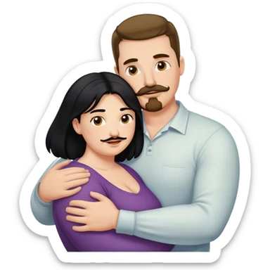 Couple, Tall strong white man with brown mustache goatee hugging a chubby short pale woman with long black hair sticker