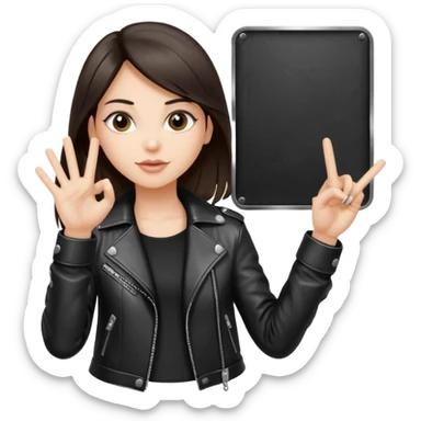 Fair skin long dark brown hair wearing a leather metal jacket girl doing the Rock n roll sign holding a large blank sign sticker
