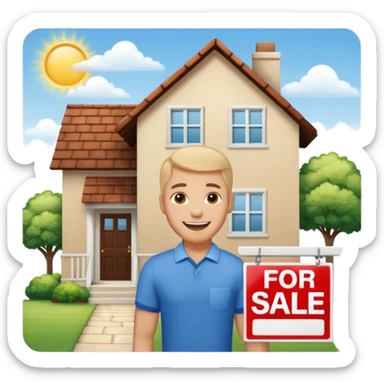 emoji de bienes y raices, un hombre y una casa en "venta for sale" sticker