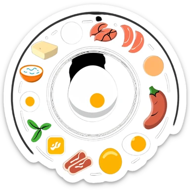 Close-up of glowing muscle fibers only, semi-transparent and pulsating with energy. Protein food icons (meat, egg, beans, tofu, yogurt) orbit around the muscle fibers in a warm energetic circle. sticker