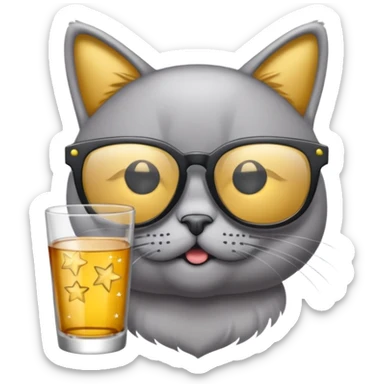 Fait un chat gris avec des lunettes de stars et avec un verre d alcool qui fait la fête sticker