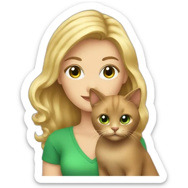 Blonde woman with green eyes holding a fluffy brown cat sticker