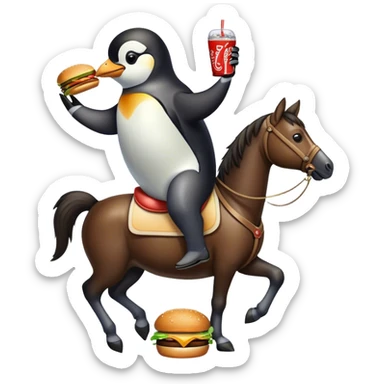 A penguin riding horse while hamburger and drinking coke sticker