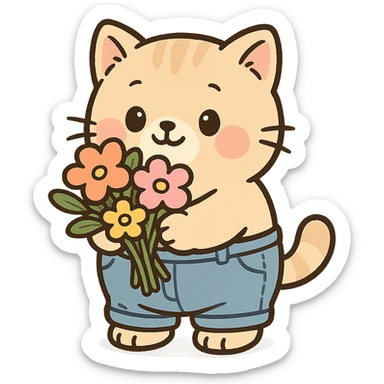 a chubby kitten wearing tiny pants and holding a bouquet of flowers, in a cute cartoon style sticker