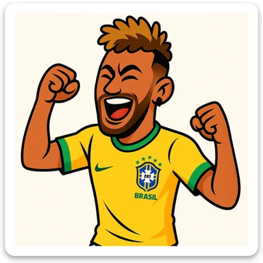 Neymar Jr. as a cartoon character, expressive and energetic, wearing a yellow Brazil football jersey, iconic hairstyle, celebrating a goal, white background sticker