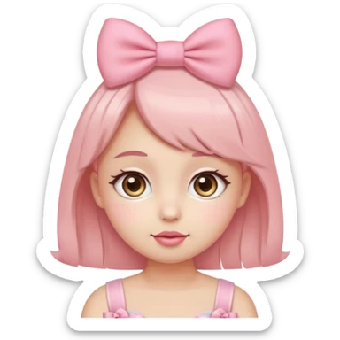 Cute coquette emoji, round face, big sparkling eyes, soft blush on cheeks, small pink bow on top of the head, pastel colors, simple vector style, transparent background


 sticker