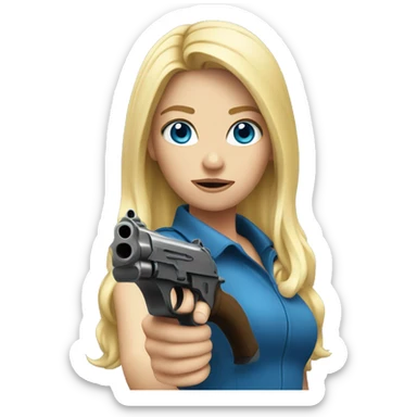 Blonde girl with blue eyes holding a gun sticker