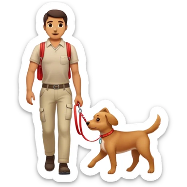cute dog red leash on it's neck getting walked by man. sticker