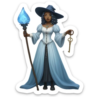 blue witch woman login holding a big key in white victorian dress, full body sticker