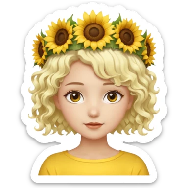 ["Fair skin female, short platinum-blonde curly hair, wearing a yellow sunflower crown."] sticker
