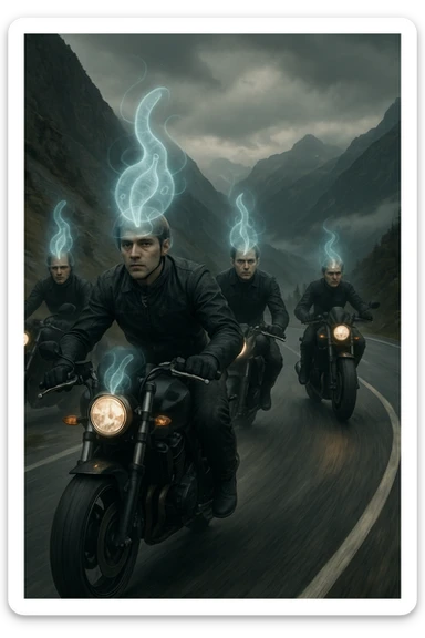 A group of motorcyclists riding aggressively along a winding mountain road at high speed. Their expressions are eerily calm and fearless. Faint, translucent parasite-like forms (symbolizing Toxoplasma gondii) overlay their heads or brains, emitting a subtle glow. sticker