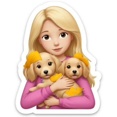 Menina loira fofa de cabelo comprido usando uma blusa rosa abraçando um golden Retriever  sticker