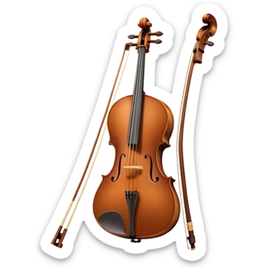 Create an elegant and refined emoji representing a Cremona 4/3F 4/4 cello with bow. The design should feature the distinctive, finely crafted body of the cello, highlighting its rich wooden finish and gracefully curved shape. The bow should be included, with visible horsehair and a polished wooden stick. Add subtle details like tuning pegs and strings to emphasize the precision and craftsmanship of the instrument. Use warm wood tones, deep brown, and soft metallic accents to reflect the high quality of the Cremona cello. The background should be transparent. sticker