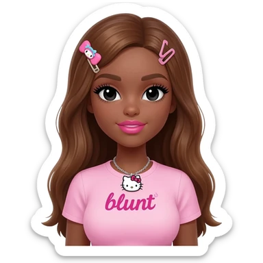Long lashes, my melody hairclip, Doll faced shaped, hello kitty necklace, bimbo, black doll eyes, Big lips barbie, long dark brown skin with honey brown hair, light pink bimbo shirt says "blunt" , big breast sticker