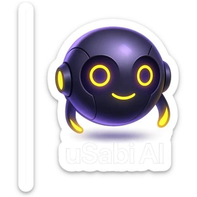futuristic AI orb mascot for 'uSabi AI', glowing with purple and yellow lights, subtle smile, sleek modern approachable style sticker