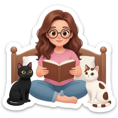 detailed emoji illustration of a curvy woman with long chestnut brown wavy hair, light brown eyes and round glasses sitting on a bed and reading a book, with two cats beside her: one black cat and one white cat with brown spots, cozy bedroom atmosphere, cute emoji style sticker