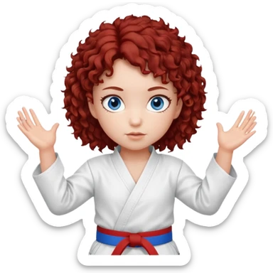 generate a young girl with dark red curly hair, blue eyes. in a white karate outfit  sticker