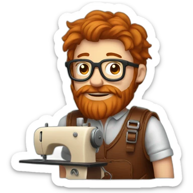 Red haired man with beard and metal rimmed glasses hand sewing a leather saddle sticker