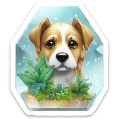 A dog made of glass mirror crystals prisms glass transparent filled with plants as a terrarium with graffiti doodles sticker