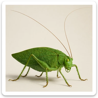 realistic detailed green katydid insect with long antennae sticker