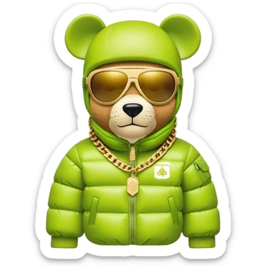 geometric bearbrick wearing lime balaclava with brand logos, continuous horizontal visor sunglasses as one piece across entire face, no eye division, luxury puffy down jacket with fur collar, heavy gold chains sticker