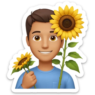 man holding a sunflower portrait, head and shoulders only, gentle smile, sunflower visible in hand, warm positive vibe, 3D cartoon style, mobile game icon style, clean background, no text, no watermark
 sticker