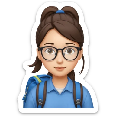 student brunet kid girl, ponytail wearing glasses with backpack sticker