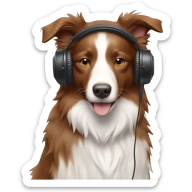 dog that looks like a reddish brown border collie with medium hair with headphones working from home includes a stick outfit sticker