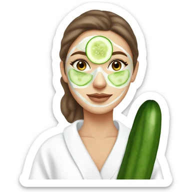White girl with Brown hair and blue eyes wears a Green colored skincare clay textured mask and puts on cucumbers around her eyes while She relaxes in her white Robe sticker