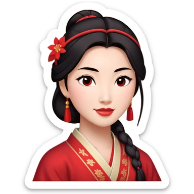 Cinematic Radiant Mulan Portrait Emoji, rendered in a realistic, vector-style with clean proportions. Show Mulan with a soft, confident smile, warm skin, and expressive eyes, her dark hair styled simply, and dressed in traditional clothing with understated red accents. The image radiates a gentle, luminous glow and high shine, accentuated by a soft glowing outline. sticker