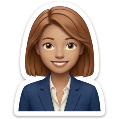 emoji of a woman named Freya McOmish, smiling, light brown hair, subtle freckles, modern casual style, wearing an elegant blazer sticker