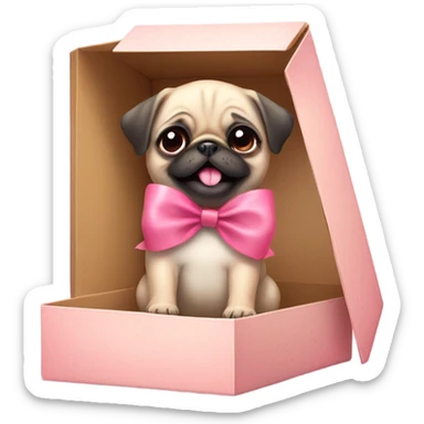 Baby pug with big pink
eyes wearing a pink bow above 1 ear sitting in a gift box  laughing  sticker
