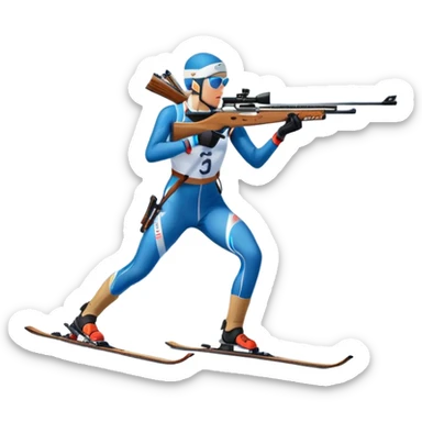 An icon featuring snow-covered trees, distant mountains, and a clear blue sky with a biathlete in motion, holding a rifle and skiing across a snowy course. Transparent background highlights the precision, endurance, and excitement of biathlon. sticker