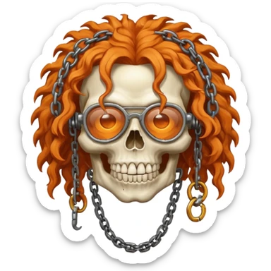 steam-punk Megadeth iconic iconic skull mascot with rusty glasses and chains on his teeth, orange curly huge hair sticker