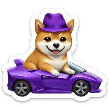 shiba inu with purple hat, sitting on top of a purple Lamborghini  sticker
