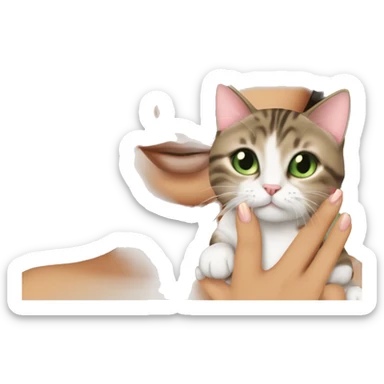 A girl with green eyes and dark brown straight hair, and makeup nude lipstick  and eyelashes, slightly tanned, oval light pink fingernails ,white top, holding a brown tabby cat with green eyes  sticker