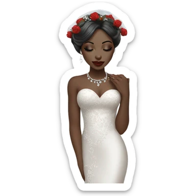 African bride. Makeup. Short black hair. Silver jewelry and long veil. Holding red roses. Eyes closed. sticker