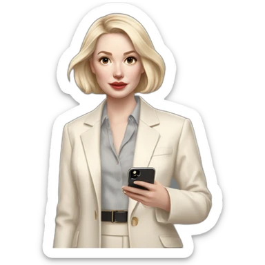 pale skin woman with ash blonde Straightened bob Hair, White Spacious classical jacket, beige palazzo Arrow pants and gray blouse holding white IPhone 15 pro in the hands sticker