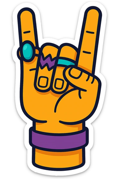 Make the rings on the hand more detailed while keeping the metal sign gesture. Maintain the vibrant cartoon style with no background. sticker