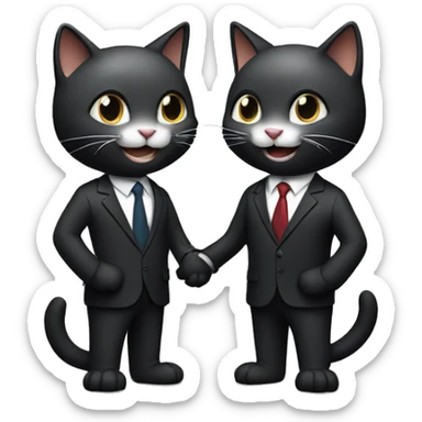 Two dark colored, happy cats, shaking hands in suits both with headphones on.   sticker