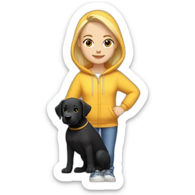 A blonde girl  with smooth hair and a ray in the middle of his hair, she has light skin a few freckles, and she wear a hoodies and she Carries in his arms a black baby labrador dog  sticker