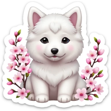 A cute  little  white Samoye and cherry blossom sticker