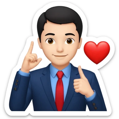 A man in very black short hair with all back hair style, wearing dark blue suit and red tie, making a heart finger sticker