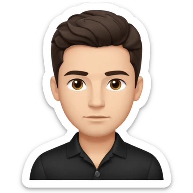 He’s a man with light to medium skin, a defined oval face, full brows, deep-set eyes, and wavy short dark brown tall hair styled with height, sides are trimmed. muscular. expression calm and focused relaxed black black button shirt open collar. polished, articulate, and coach vibe. tall hair tall  sticker