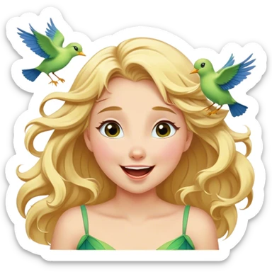 Cinematic Adorable Aurora Portrait Emoji, Giggling in surprise as birds land on her shoulders, cheeks flushed, golden locks bouncing, an irresistible mix of playfulness and beauty! sticker